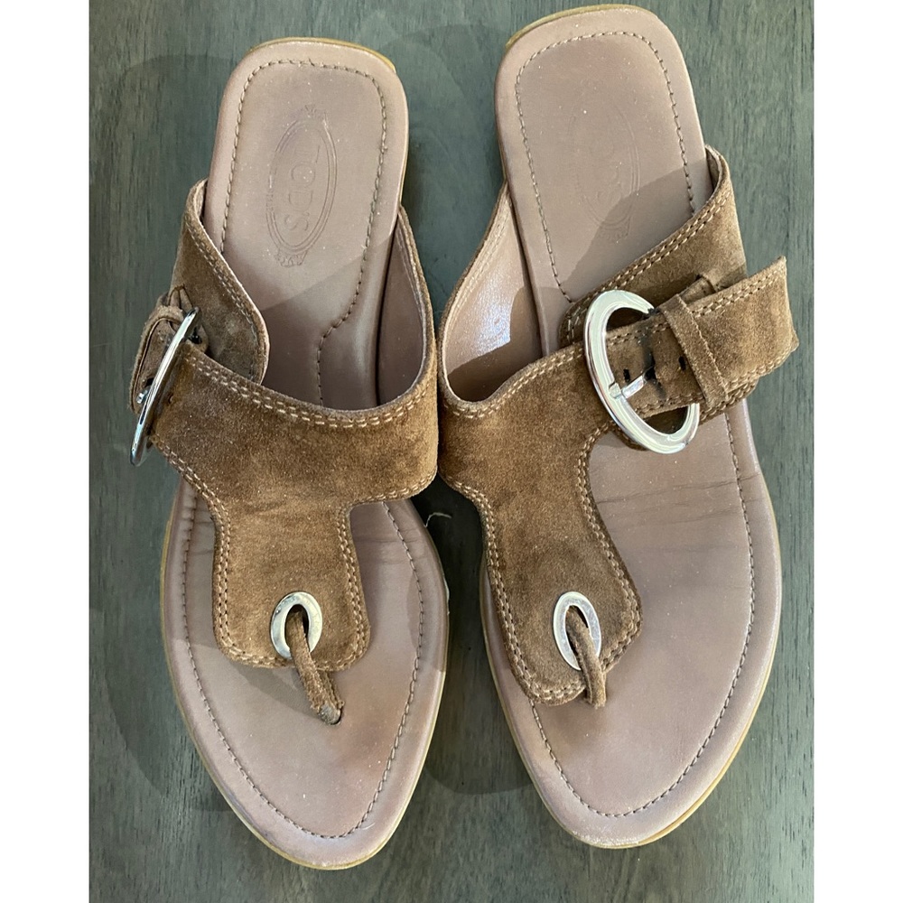 TOD'S Coffee Suede Thong Rubber Wedge Slides Silver Metal Buckle